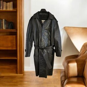 Boulevard Club Vintage Women's Black Leather Belted Trench Coat Button-Up Sz 40